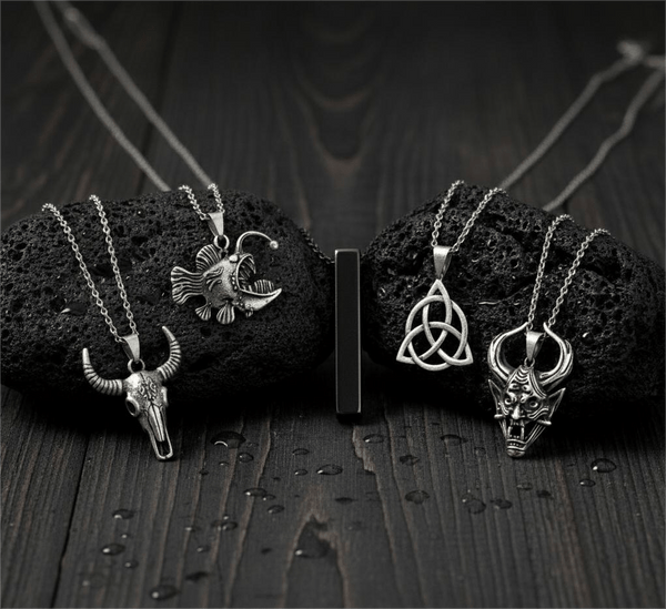 FATE WEAVER Collector's 5-Piece Pendant Set – TRINITY KNOT, DEMON TALISMAN, SHEEP HORN, FURIOUS FISH, & SLEEK BLACK Necklaces on 24 Inch Stainless Steel Chain for Mens and Boys