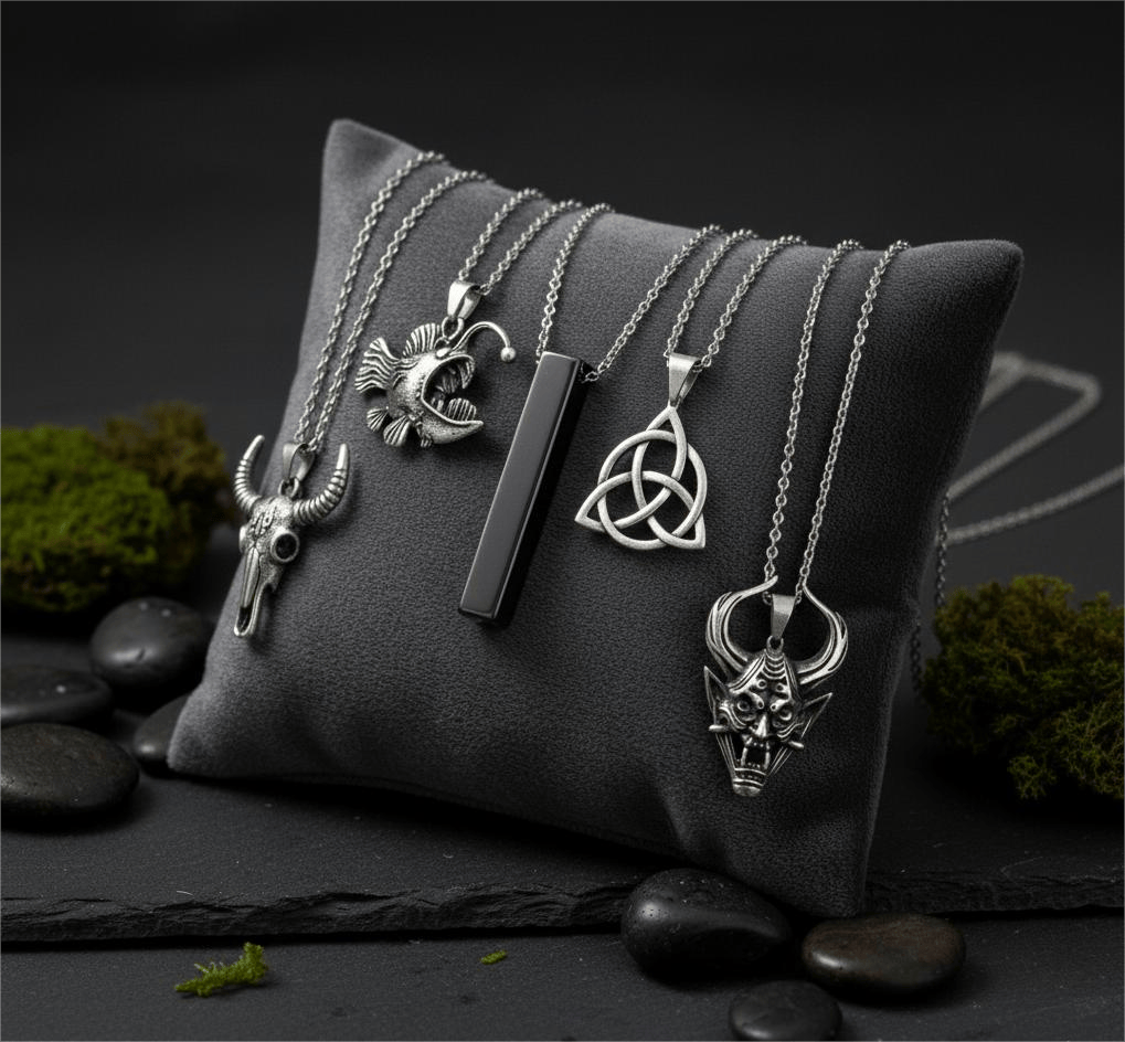 THE MEN THING Necklace FATE WEAVER Collector's 5-Piece Pendant Set – TRINITY KNOT, DEMON TALISMAN, SHEEP HORN, FURIOUS FISH, & SLEEK BLACK Necklaces on 24 Inch Stainless Steel Chain for Mens and Boys