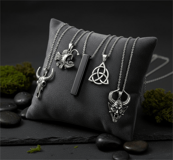 FATE WEAVER Collector's 5-Piece Pendant Set – TRINITY KNOT, DEMON TALISMAN, SHEEP HORN, FURIOUS FISH, & SLEEK BLACK Necklaces on 24 Inch Stainless Steel Chain for Mens and Boys