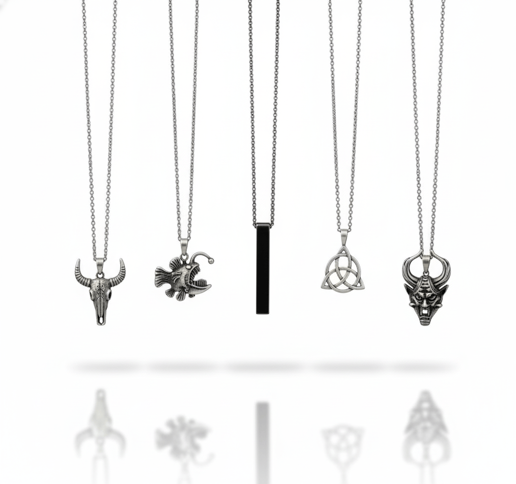 THE MEN THING Necklace FATE WEAVER Collector's 5-Piece Pendant Set – TRINITY KNOT, DEMON TALISMAN, SHEEP HORN, FURIOUS FISH, & SLEEK BLACK Necklaces on 24 Inch Stainless Steel Chain for Mens and Boys