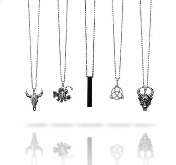 FATE WEAVER Collector's 5-Piece Pendant Set – TRINITY KNOT, DEMON TALISMAN, SHEEP HORN, FURIOUS FISH, & SLEEK BLACK Necklaces on 24 Inch Stainless Steel Chain for Mens and Boys