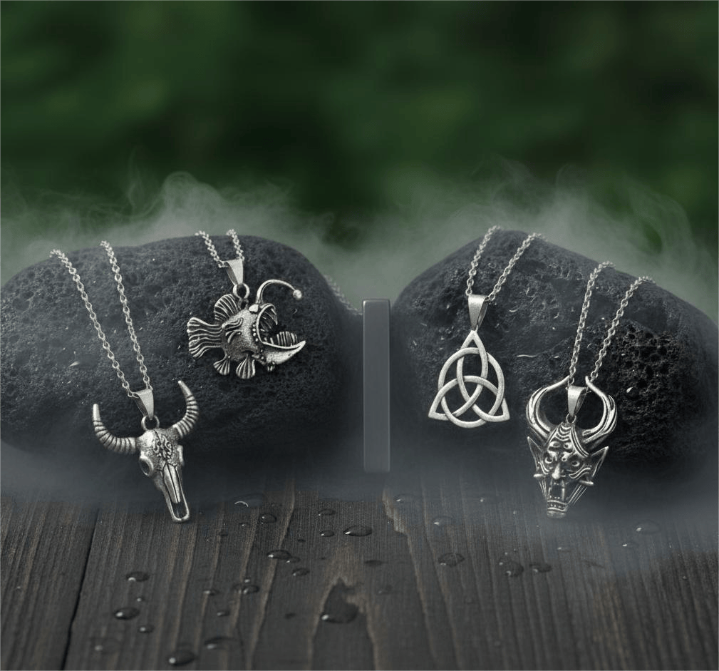 THE MEN THING Necklace FATE WEAVER Collector's 5-Piece Pendant Set – TRINITY KNOT, DEMON TALISMAN, SHEEP HORN, FURIOUS FISH, & SLEEK BLACK Necklaces on 24 Inch Stainless Steel Chain for Mens and Boys