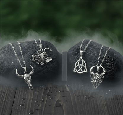 THE MEN THING Necklace FATE WEAVER Collector's 5-Piece Pendant Set – TRINITY KNOT, DEMON TALISMAN, SHEEP HORN, FURIOUS FISH, & SLEEK BLACK Necklaces on 24 Inch Stainless Steel Chain for Mens and Boys