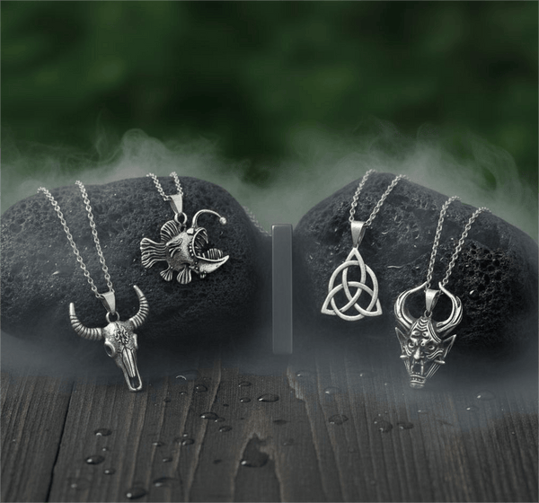 FATE WEAVER Collector's 5-Piece Pendant Set – TRINITY KNOT, DEMON TALISMAN, SHEEP HORN, FURIOUS FISH, & SLEEK BLACK Necklaces on 24 Inch Stainless Steel Chain for Mens and Boys