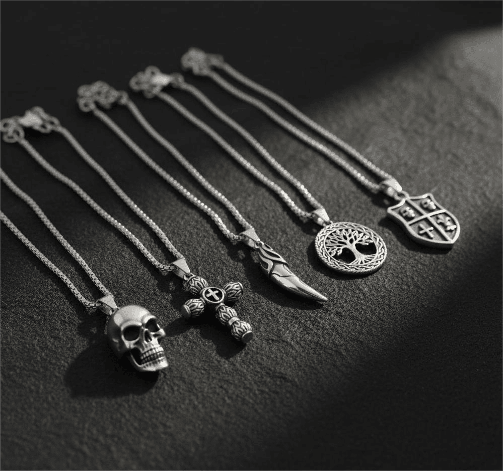 THE MEN THING Necklace High Stakes 5-Piece Collector's Pendant Set – JOKER DECK, ALLMIGHTY CROSS, SKULLBIG, VICTORY TOOTH, & TREE OF LIFE Necklaces on 24 Inch Stainless Steel Chain for Mens and Boys