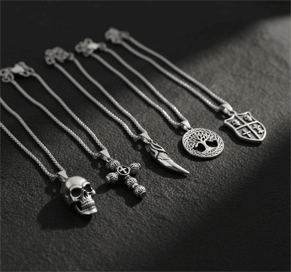 High Stakes 5-Piece Collector's Pendant Set – JOKER DECK, ALLMIGHTY CROSS, SKULLBIG, VICTORY TOOTH, & TREE OF LIFE Necklaces on 24 Inch Stainless Steel Chain for Mens and Boys