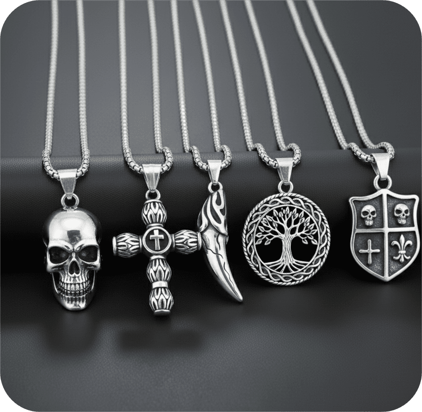 THE MEN THING Necklace High Stakes 5-Piece Collector's Pendant Set – JOKER DECK, ALLMIGHTY CROSS, SKULLBIG, VICTORY TOOTH, & TREE OF LIFE Necklaces on 24 Inch Stainless Steel Chain for Mens and Boys