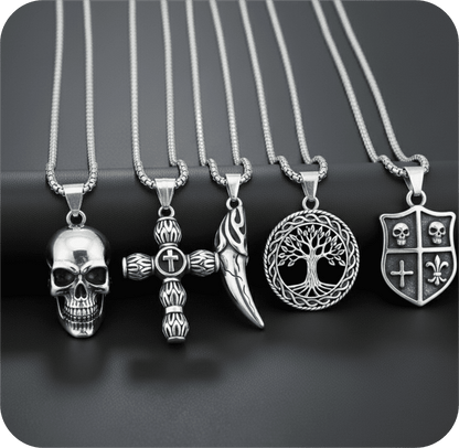 THE MEN THING Necklace High Stakes 5-Piece Collector's Pendant Set – JOKER DECK, ALLMIGHTY CROSS, SKULLBIG, VICTORY TOOTH, & TREE OF LIFE Necklaces on 24 Inch Stainless Steel Chain for Mens and Boys
