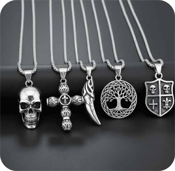 High Stakes 5-Piece Collector's Pendant Set – JOKER DECK, ALLMIGHTY CROSS, SKULLBIG, VICTORY TOOTH, & TREE OF LIFE Necklaces on 24 Inch Stainless Steel Chain for Mens and Boys