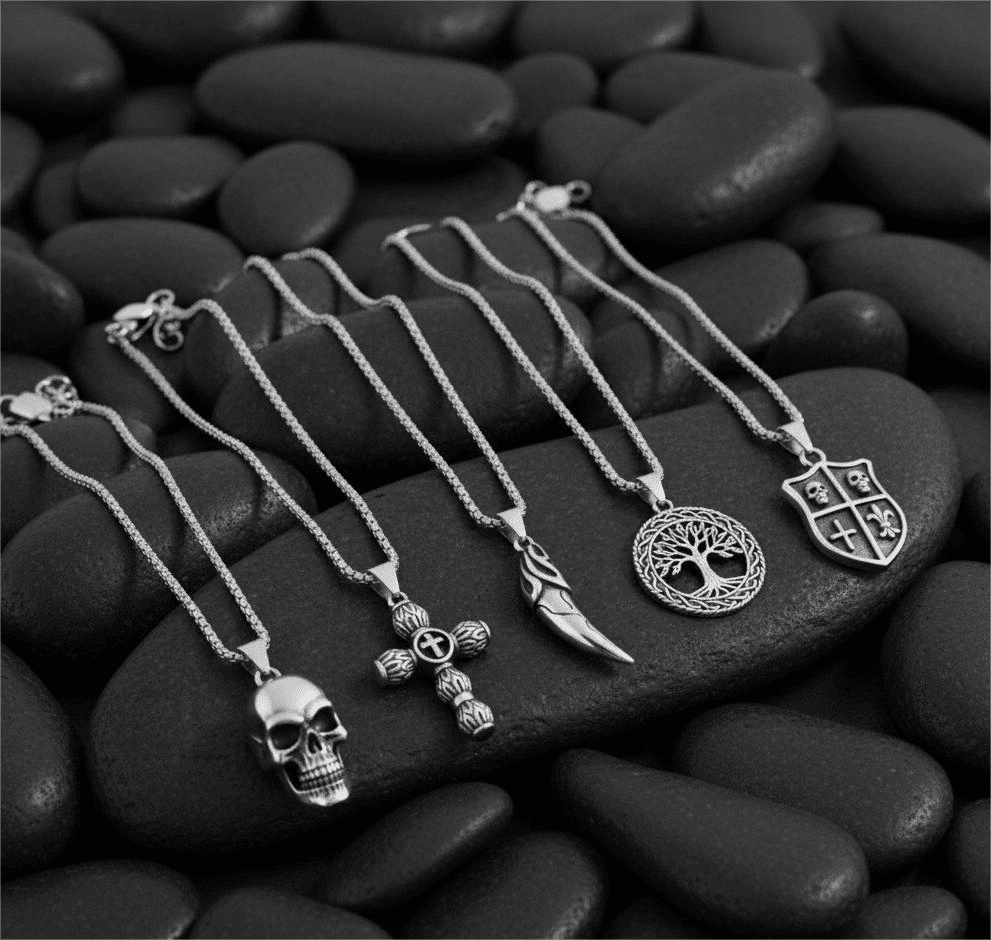 THE MEN THING Necklace High Stakes 5-Piece Collector's Pendant Set – JOKER DECK, ALLMIGHTY CROSS, SKULLBIG, VICTORY TOOTH, & TREE OF LIFE Necklaces on 24 Inch Stainless Steel Chain for Mens and Boys
