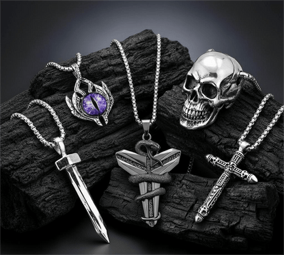 THE MEN THING Necklace MIDNIGHT TALISMAN Collector's 5-Piece Men’s Pendant Set – BLACK MAMBA, PURPLE-EYE PROTECT, SILVER NAILS, SKULL HARD, & RED INDIAN CROSS Necklaces on 24 Inch Stainless Steel Chain for Mens and Boys