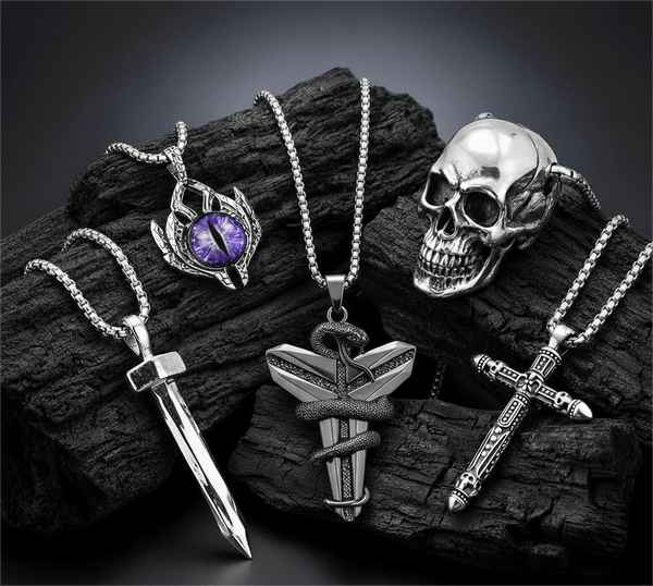 MIDNIGHT TALISMAN Collector's 5-Piece Men’s Pendant Set – BLACK MAMBA, PURPLE-EYE PROTECT, SILVER NAILS, SKULL HARD, & RED INDIAN CROSS Necklaces on 24 Inch Stainless Steel Chain for Mens and Boys