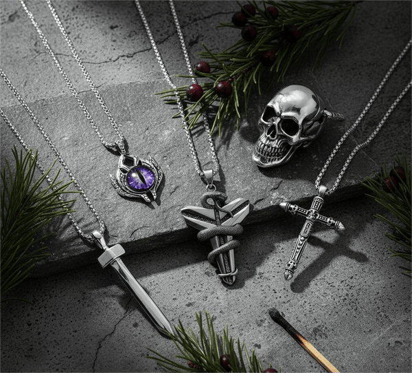 MIDNIGHT TALISMAN Collector's 5-Piece Men’s Pendant Set – BLACK MAMBA, PURPLE-EYE PROTECT, SILVER NAILS, SKULL HARD, & RED INDIAN CROSS Necklaces on 24 Inch Stainless Steel Chain for Mens and Boys