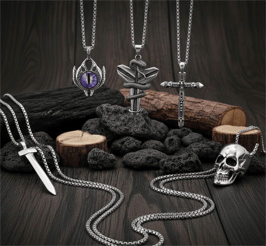 THE MEN THING Necklace MIDNIGHT TALISMAN Collector's 5-Piece Men’s Pendant Set – BLACK MAMBA, PURPLE-EYE PROTECT, SILVER NAILS, SKULL HARD, & RED INDIAN CROSS Necklaces on 24 Inch Stainless Steel Chain for Mens and Boys