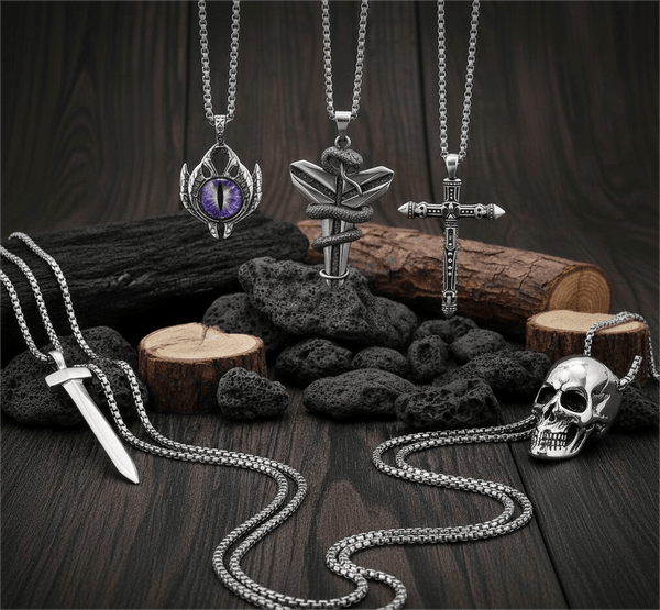 MIDNIGHT TALISMAN Collector's 5-Piece Men’s Pendant Set – BLACK MAMBA, PURPLE-EYE PROTECT, SILVER NAILS, SKULL HARD, & RED INDIAN CROSS Necklaces on 24 Inch Stainless Steel Chain for Mens and Boys