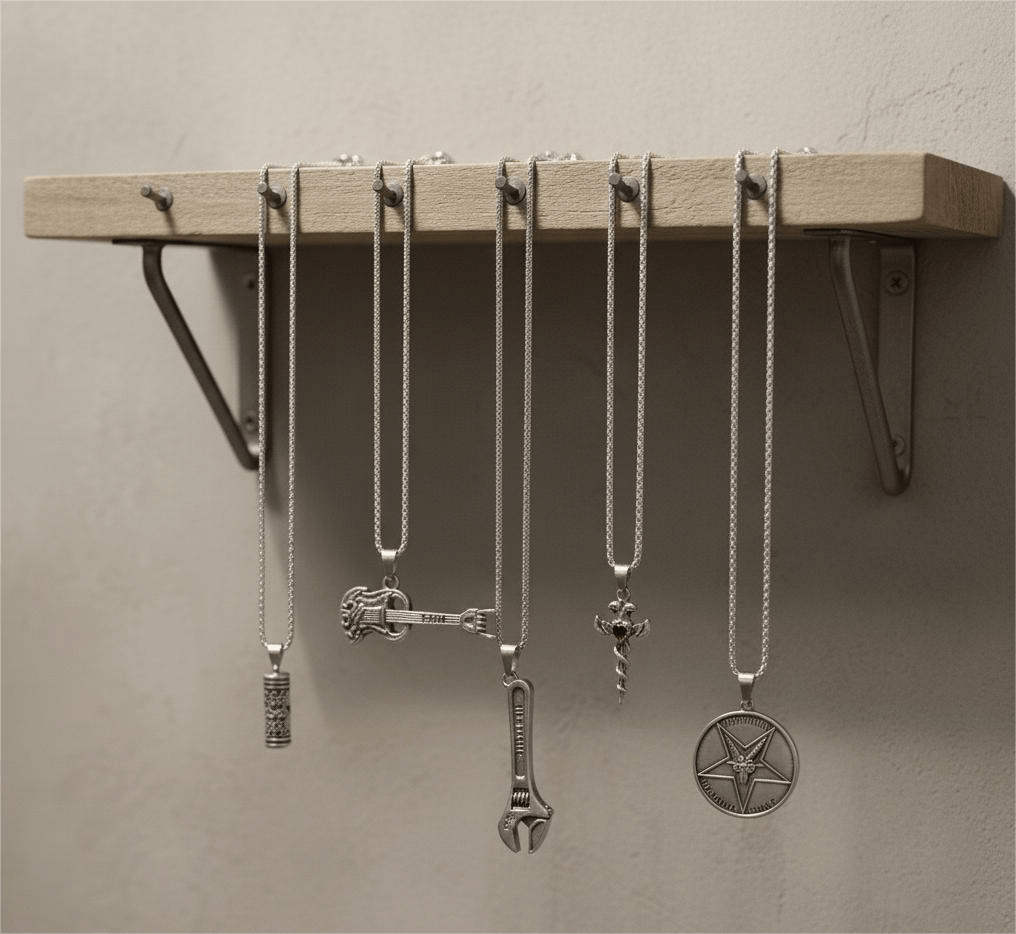 THE MEN THING Necklace PARADOX COLLECTIVE High Stakes 5-Piece Collector's Pendant Set – WRENCH, SKULL ROCKING GUITAR, ZEN-CYLINDER, SWORD OF ANGLE, & GOAT STAR Necklaces on 24 Inch Stainless Steel Chain for Mens and Boys