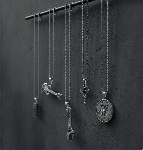 PARADOX COLLECTIVE High Stakes 5-Piece Collector's Pendant Set – WRENCH, SKULL ROCKING GUITAR, ZEN-CYLINDER, SWORD OF ANGLE, & GOAT STAR Necklaces on 24 Inch Stainless Steel Chain for Mens and Boys