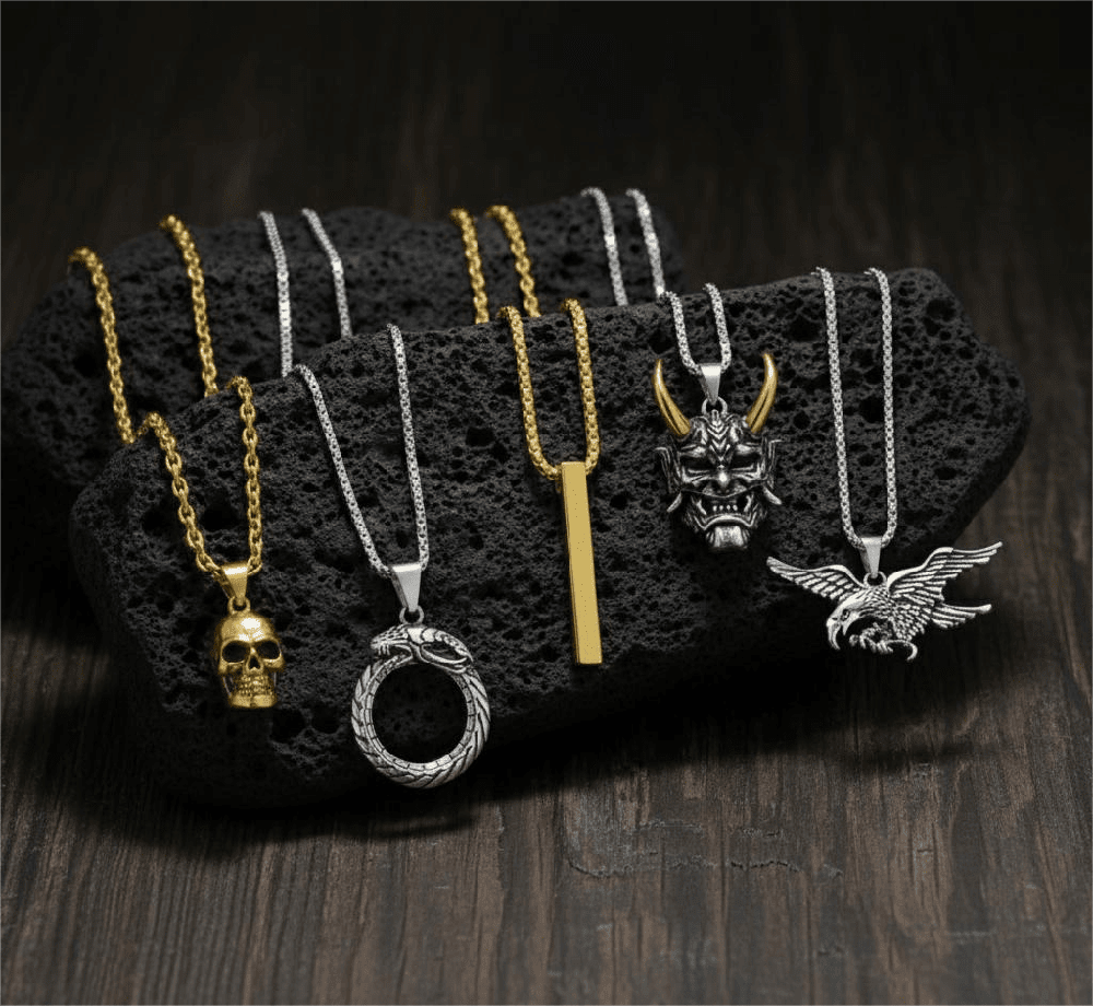 THE MEN THING Necklace PREDATOR’S HOARD High Value 5-Piece Men’s Pendant Set – EAGLE - HUNTER, GILD SKULL, SERPENT OF ETERNITY, GOLDEN HORN, & SLEEK GOLD Necklaces on 24 Inch Stainless Steel Chain for Mens and Boys