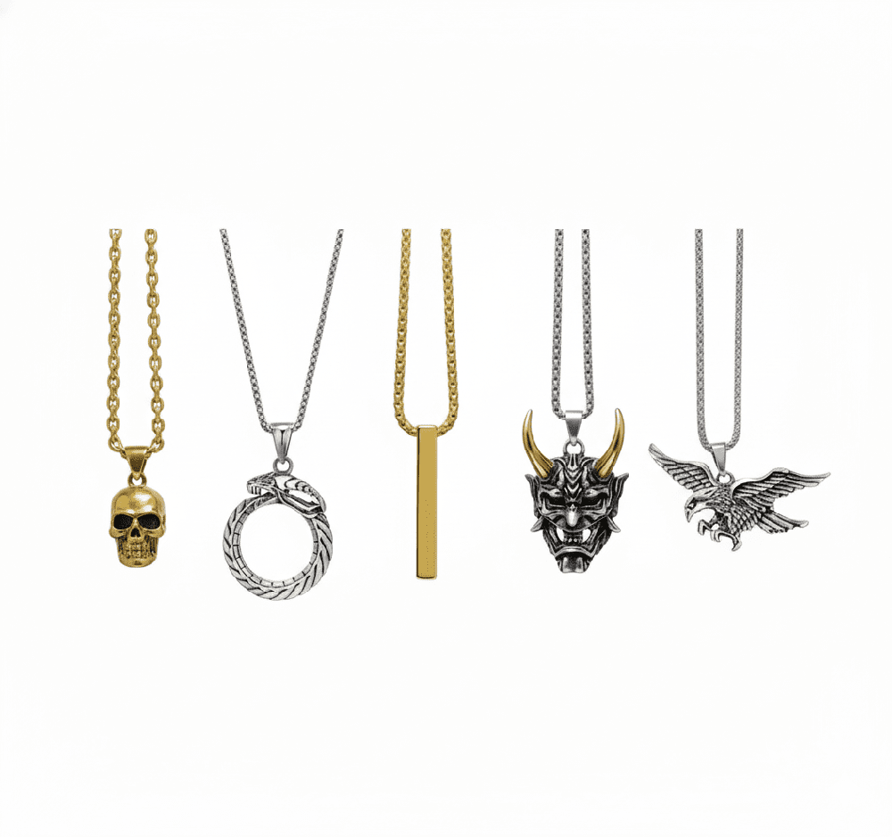 THE MEN THING Necklace PREDATOR’S HOARD High Value 5-Piece Men’s Pendant Set – EAGLE - HUNTER, GILD SKULL, SERPENT OF ETERNITY, GOLDEN HORN, & SLEEK GOLD Necklaces on 24 Inch Stainless Steel Chain for Mens and Boys