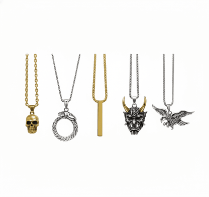 THE MEN THING Necklace PREDATOR’S HOARD High Value 5-Piece Men’s Pendant Set – EAGLE - HUNTER, GILD SKULL, SERPENT OF ETERNITY, GOLDEN HORN, & SLEEK GOLD Necklaces on 24 Inch Stainless Steel Chain for Mens and Boys