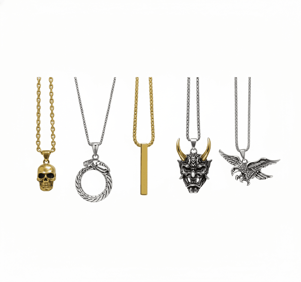 PREDATOR’S HOARD High Value 5-Piece Men’s Pendant Set – EAGLE - HUNTER, GILD SKULL, SERPENT OF ETERNITY, GOLDEN HORN, & SLEEK GOLD Necklaces on 24 Inch Stainless Steel Chain for Mens and Boys