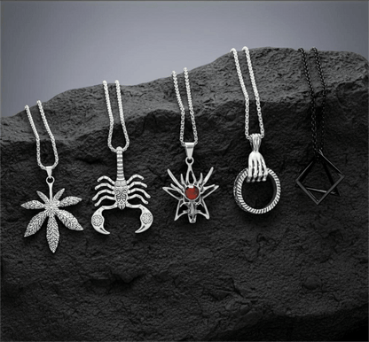 THE MEN THING Necklace PREDATOR'S REGALIA Collector's 5-Piece Symbolic Pendant Set – KINGSCRÒP, WILD HUNT, CLAW HAND, HEMP-LEAF, & TRESQUARE BLACK Necklaces on 24 Inch Stainless Steel Chain for Mens and Boys