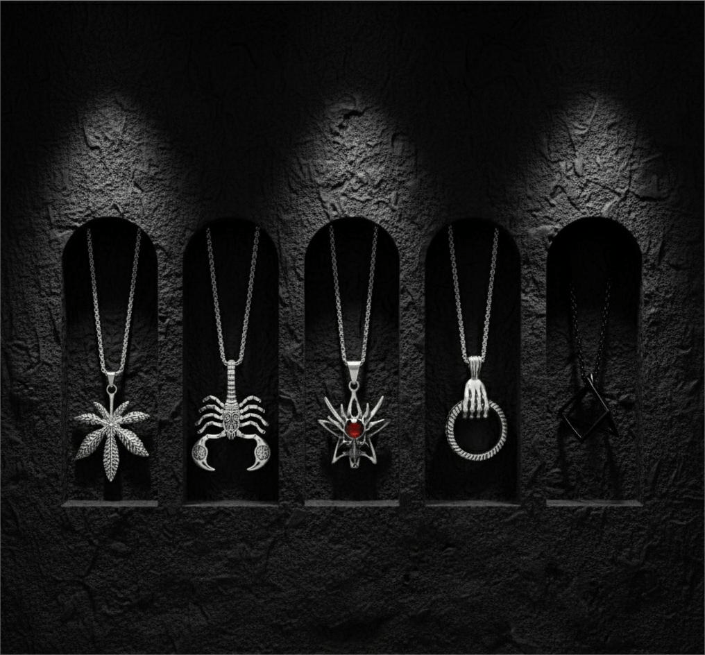THE MEN THING Necklace PREDATOR'S REGALIA Collector's 5-Piece Symbolic Pendant Set – KINGSCRÒP, WILD HUNT, CLAW HAND, HEMP-LEAF, & TRESQUARE BLACK Necklaces on 24 Inch Stainless Steel Chain for Mens and Boys