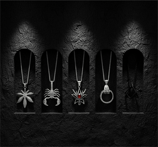 PREDATOR'S REGALIA Collector's 5-Piece Symbolic Pendant Set – KINGSCRÒP, WILD HUNT, CLAW HAND, HEMP-LEAF, & TRESQUARE BLACK Necklaces on 24 Inch Stainless Steel Chain for Mens and Boys