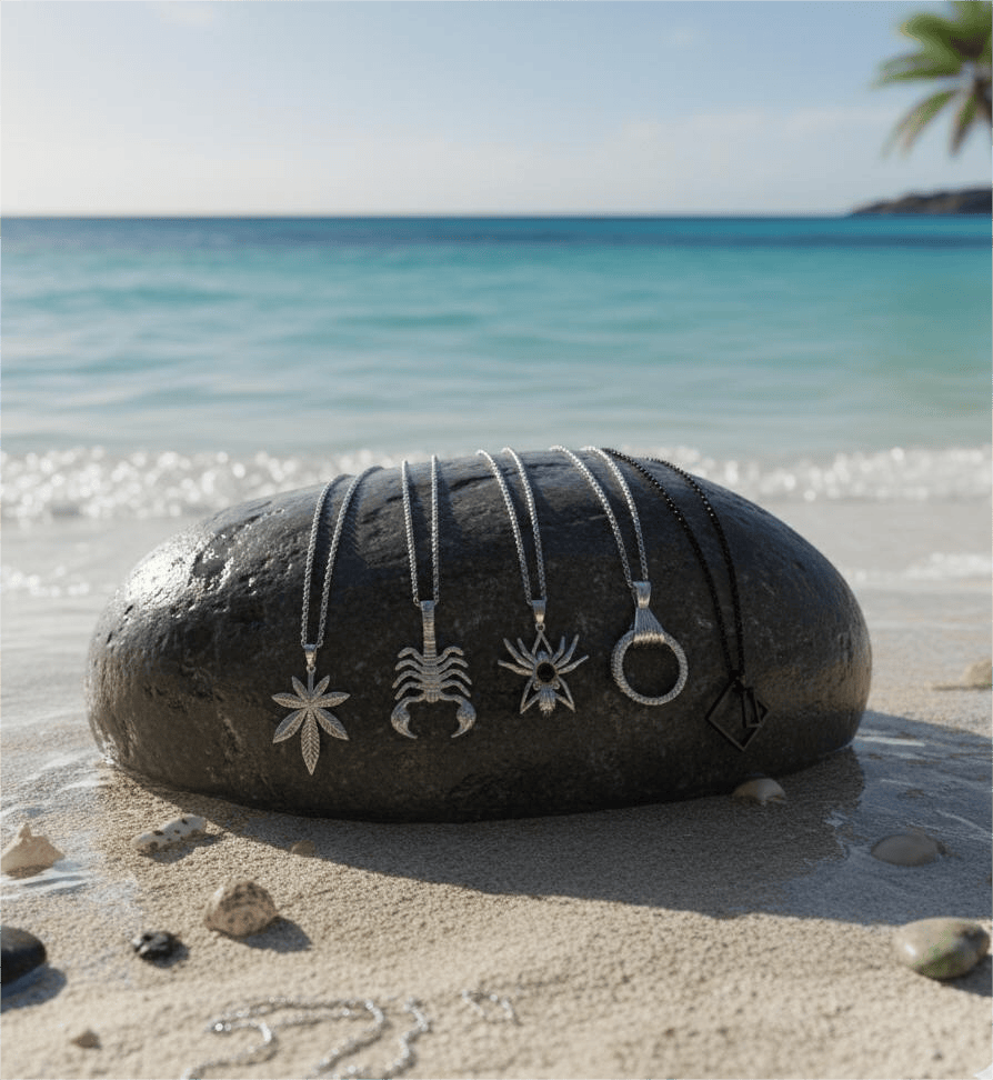 THE MEN THING Necklace PREDATOR'S REGALIA Collector's 5-Piece Symbolic Pendant Set – KINGSCRÒP, WILD HUNT, CLAW HAND, HEMP-LEAF, & TRESQUARE BLACK Necklaces on 24 Inch Stainless Steel Chain for Mens and Boys