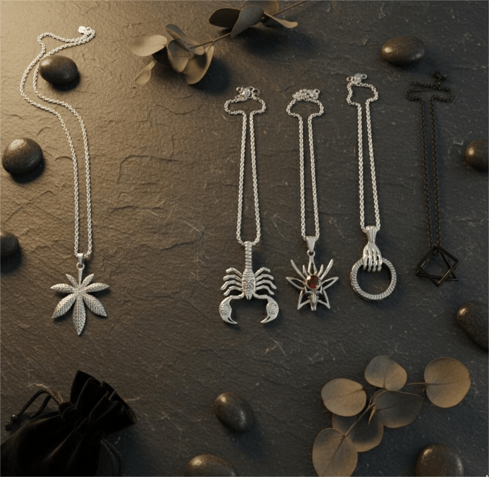 THE MEN THING Necklace PREDATOR'S REGALIA Collector's 5-Piece Symbolic Pendant Set – KINGSCRÒP, WILD HUNT, CLAW HAND, HEMP-LEAF, & TRESQUARE BLACK Necklaces on 24 Inch Stainless Steel Chain for Mens and Boys