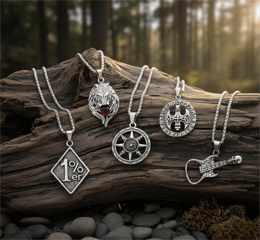 THE MEN THING Necklace ROADIE’S ARSENAL High Stakes 5-Piece Collector's Pendant Set – SKULL GUITAR, VINTAGE AXE, RUBY FOX, DIRECTIONAL STAR, & 1% - PENDANT Necklaces on 24 Inch Stainless Steel Chain for Mens and Boys