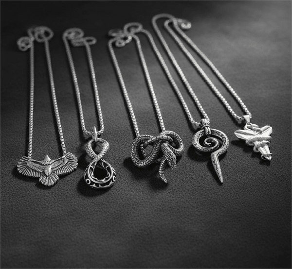 SHARP ARSENAL Collector's 5-Piece Strategic Pendant Set – SPIRAL WEAPON, WINGSPAN, SILVER MAMBA, FURIOUS INFINITY SNAKE, & INFINITY SNAKE Necklaces on 24 Inch Stainless Steel Chain for Mens and Boys