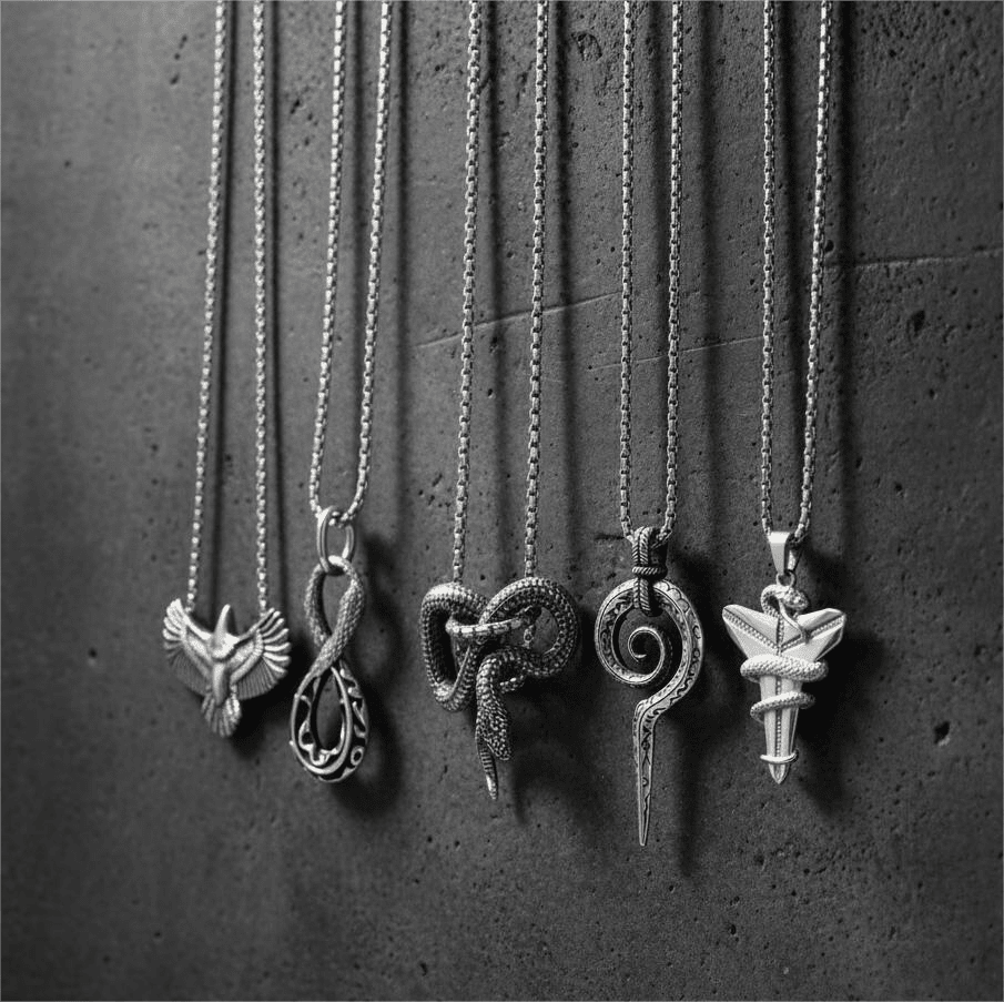 THE MEN THING Necklace SHARP ARSENAL Collector's 5-Piece Strategic Pendant Set – SPIRAL WEAPON, WINGSPAN, SILVER MAMBA, FURIOUS INFINITY SNAKE, & INFINITY SNAKE Necklaces on 24 Inch Stainless Steel Chain for Mens and Boys