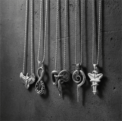 THE MEN THING Necklace SHARP ARSENAL Collector's 5-Piece Strategic Pendant Set – SPIRAL WEAPON, WINGSPAN, SILVER MAMBA, FURIOUS INFINITY SNAKE, & INFINITY SNAKE Necklaces on 24 Inch Stainless Steel Chain for Mens and Boys
