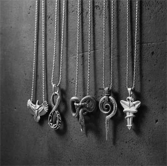 THE MEN THING Necklace SHARP ARSENAL Collector's 5-Piece Strategic Pendant Set – SPIRAL WEAPON, WINGSPAN, SILVER MAMBA, FURIOUS INFINITY SNAKE, & INFINITY SNAKE Necklaces on 24 Inch Stainless Steel Chain for Mens and Boys