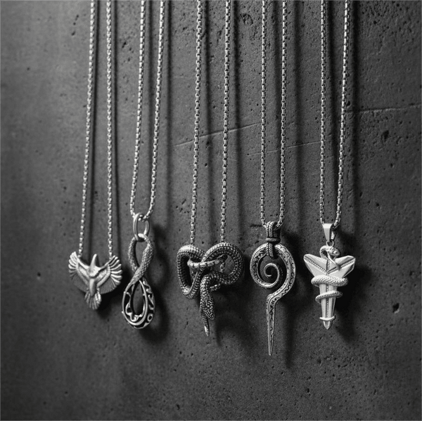 SHARP ARSENAL Collector's 5-Piece Strategic Pendant Set – SPIRAL WEAPON, WINGSPAN, SILVER MAMBA, FURIOUS INFINITY SNAKE, & INFINITY SNAKE Necklaces on 24 Inch Stainless Steel Chain for Mens and Boys