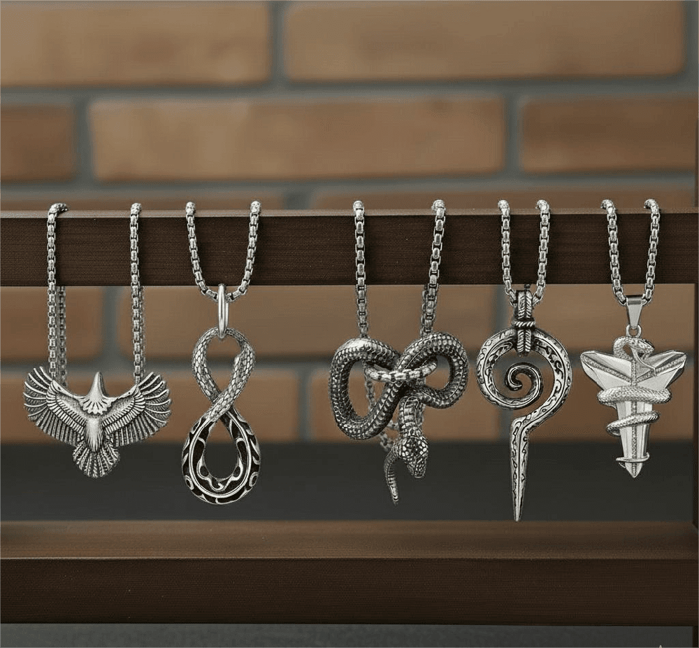 THE MEN THING Necklace SHARP ARSENAL Collector's 5-Piece Strategic Pendant Set – SPIRAL WEAPON, WINGSPAN, SILVER MAMBA, FURIOUS INFINITY SNAKE, & INFINITY SNAKE Necklaces on 24 Inch Stainless Steel Chain for Mens and Boys