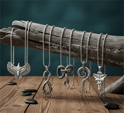 THE MEN THING Necklace SHARP ARSENAL Collector's 5-Piece Strategic Pendant Set – SPIRAL WEAPON, WINGSPAN, SILVER MAMBA, FURIOUS INFINITY SNAKE, & INFINITY SNAKE Necklaces on 24 Inch Stainless Steel Chain for Mens and Boys