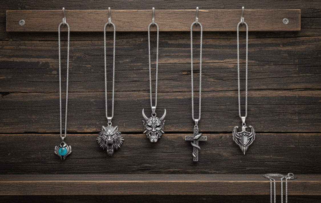 THE MEN THING Necklace Signature Pendant Pack of 5 – Eagle, Snake, King, Blue Eye & Demon Mask with Stainless Steel 24-Inch Round Box Chain for Mens and Boys