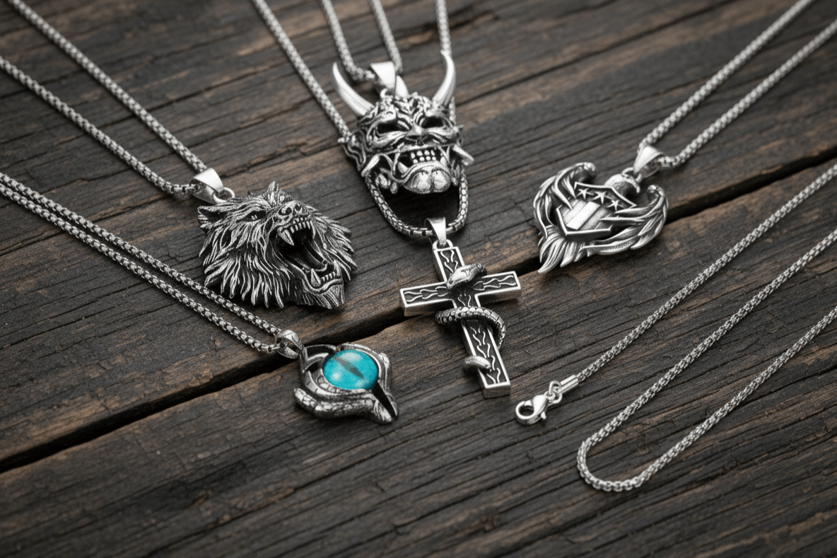 THE MEN THING Necklace Signature Pendant Pack of 5 – Eagle, Snake, King, Blue Eye & Demon Mask with Stainless Steel 24-Inch Round Box Chain for Mens and Boys