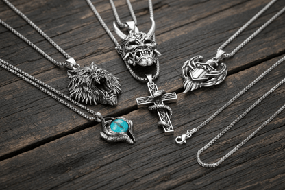 THE MEN THING Necklace Signature Pendant Pack of 5 – Eagle, Snake, King, Blue Eye & Demon Mask with Stainless Steel 24-Inch Round Box Chain for Mens and Boys