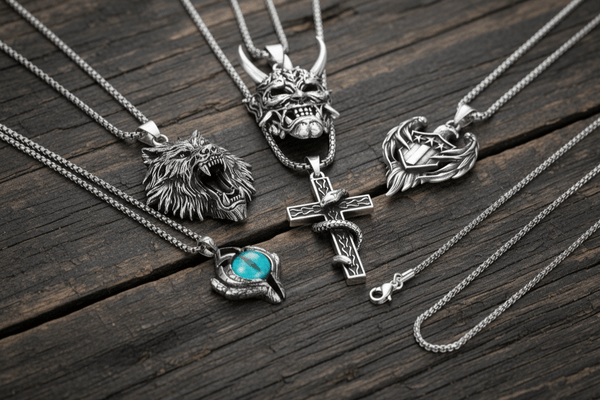 Signature Pendant Pack of 5 – Eagle, Snake, King, Blue Eye & Demon Mask with Stainless Steel 24-Inch Round Box Chain for Mens and Boys