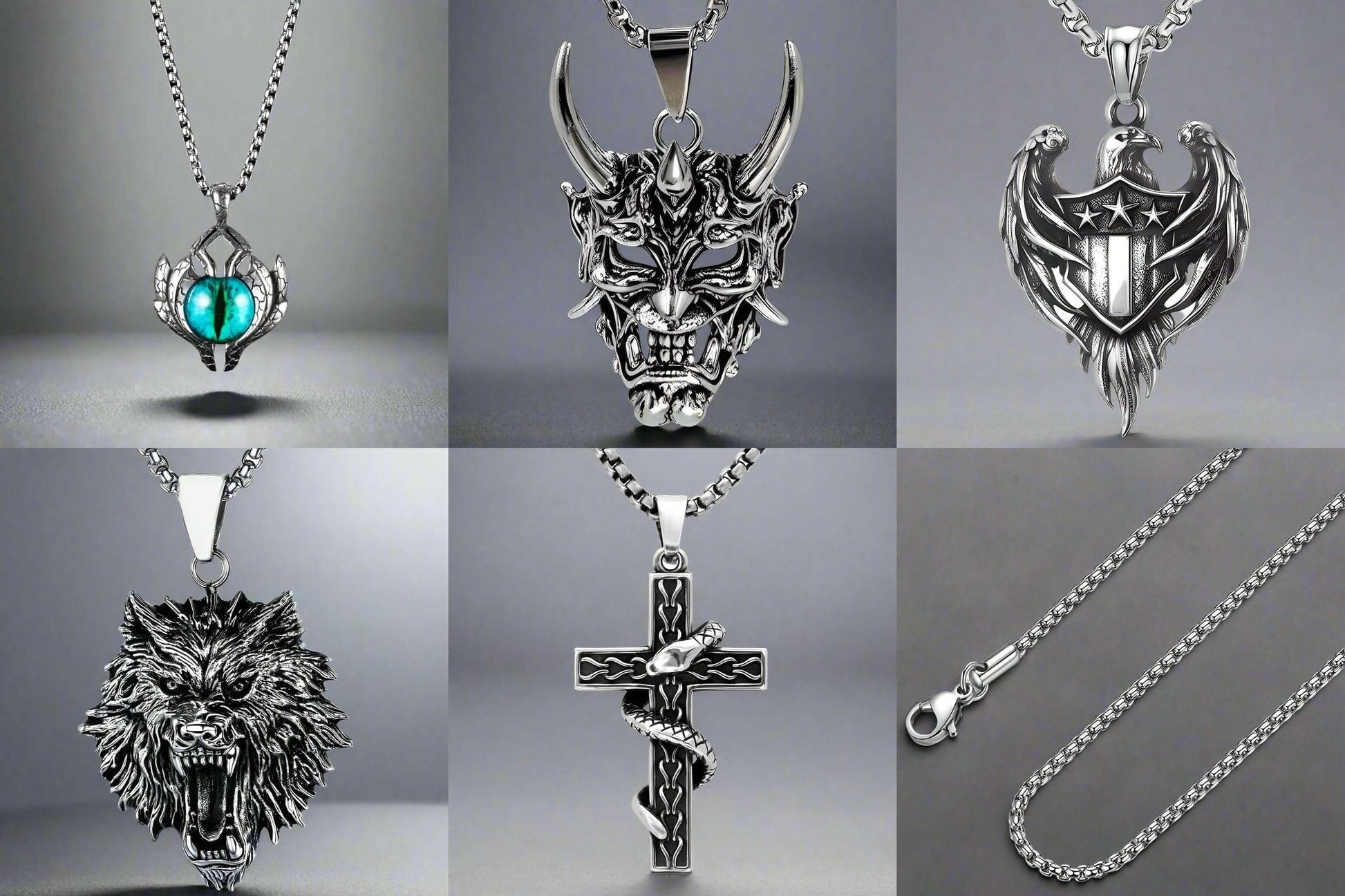 THE MEN THING Necklace Signature Pendant Pack of 5 – Eagle, Snake, King, Blue Eye & Demon Mask with Stainless Steel 24-Inch Round Box Chain for Mens and Boys