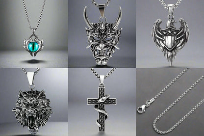 THE MEN THING Necklace Signature Pendant Pack of 5 – Eagle, Snake, King, Blue Eye & Demon Mask with Stainless Steel 24-Inch Round Box Chain for Mens and Boys