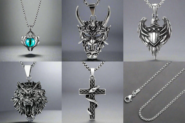Signature Pendant Pack of 5 – Eagle, Snake, King, Blue Eye & Demon Mask with Stainless Steel 24-Inch Round Box Chain for Mens and Boys