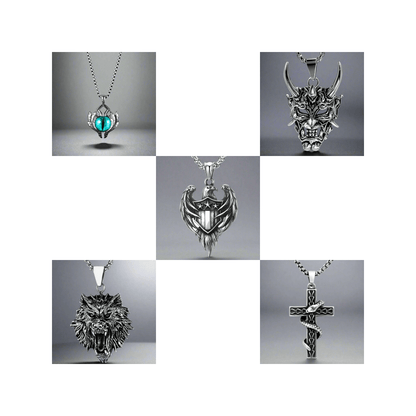 THE MEN THING Necklace Signature Pendant Pack of 5 – Eagle, Snake, King, Blue Eye & Demon Mask with Stainless Steel 24-Inch Round Box Chain for Mens and Boys