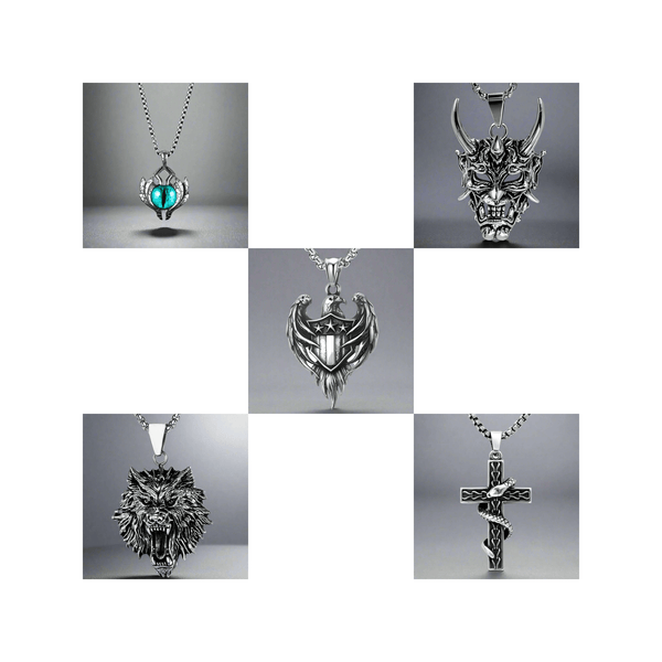Signature Pendant Pack of 5 – Eagle, Snake, King, Blue Eye & Demon Mask with Stainless Steel 24-Inch Round Box Chain for Mens and Boys