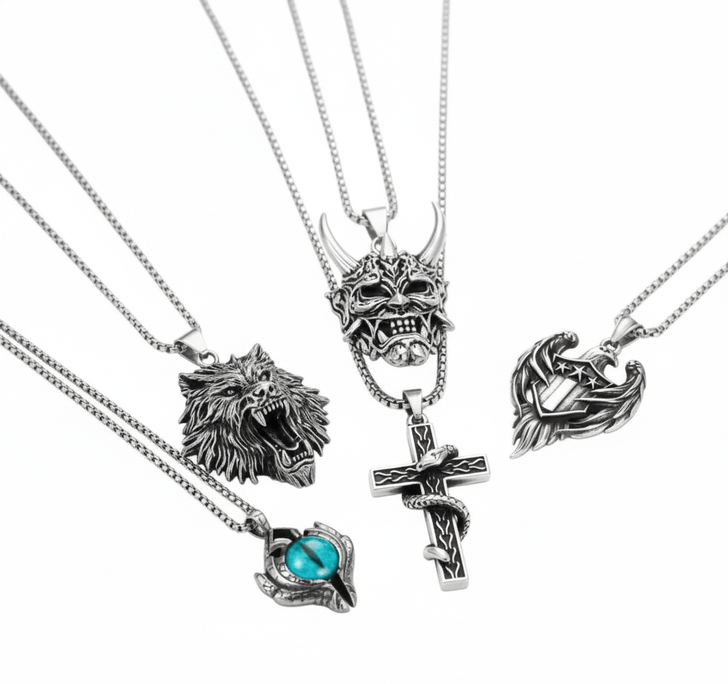 THE MEN THING Necklace Signature Pendant Pack of 5 – Eagle, Snake, King, Blue Eye & Demon Mask with Stainless Steel 24-Inch Round Box Chain for Mens and Boys