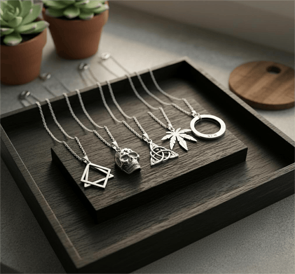 SYMBOLIC ARCANUM High Contrast 5-Piece Men’s Pendant Set – HELIX, SKULL STAR, LEAFEN, VICTORIOUS, & LUCKY KNOT Necklaces on 24 Inch Stainless Steel Chain for Mens and Boys