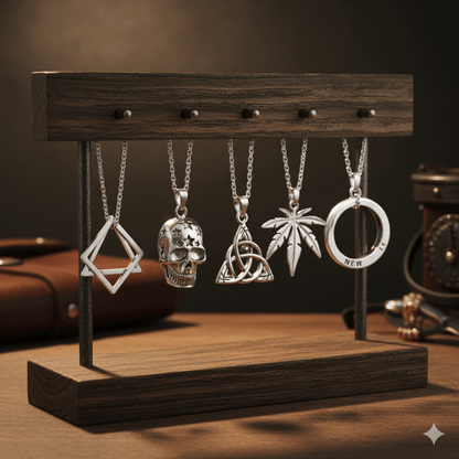 THE MEN THING Necklace SYMBOLIC ARCANUM High Contrast 5-Piece Men’s Pendant Set – HELIX, SKULL STAR, LEAFEN, VICTORIOUS, & LUCKY KNOT Necklaces on 24 Inch Stainless Steel Chain for Mens and Boys